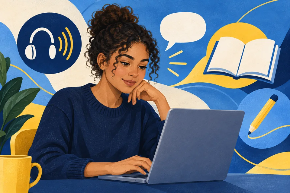 Ilustração de jovem estudando no computador, com símbolos de leitura, escrita, fala e escuta