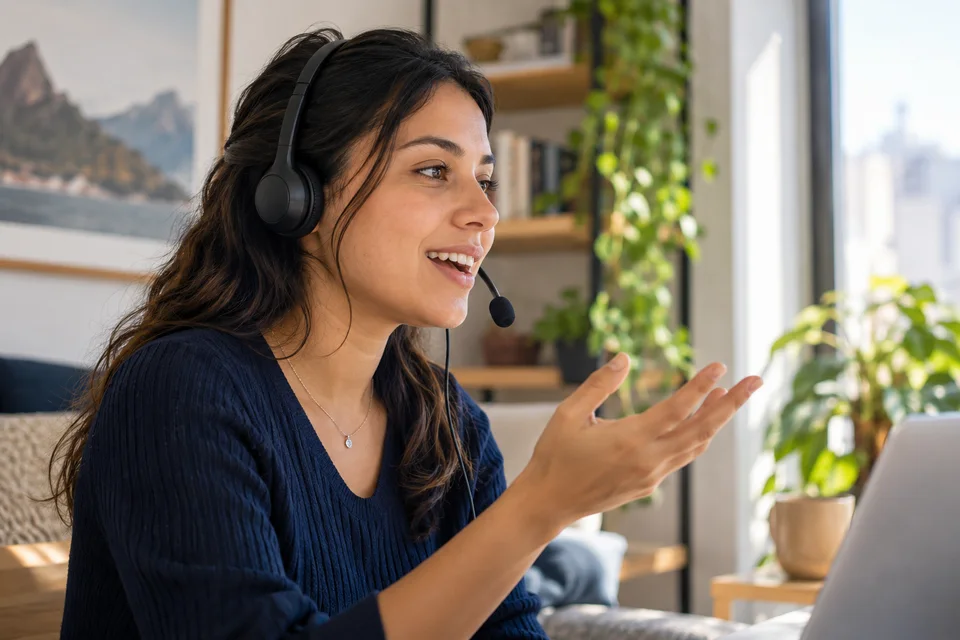 Cena ilustrativa de uma jovem praticando resposta oral com headset