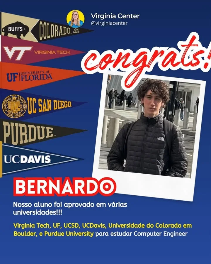 Foto de Bernardo em publicação da escola celebrando suas aprovações em universidades dos Estados Unidos
