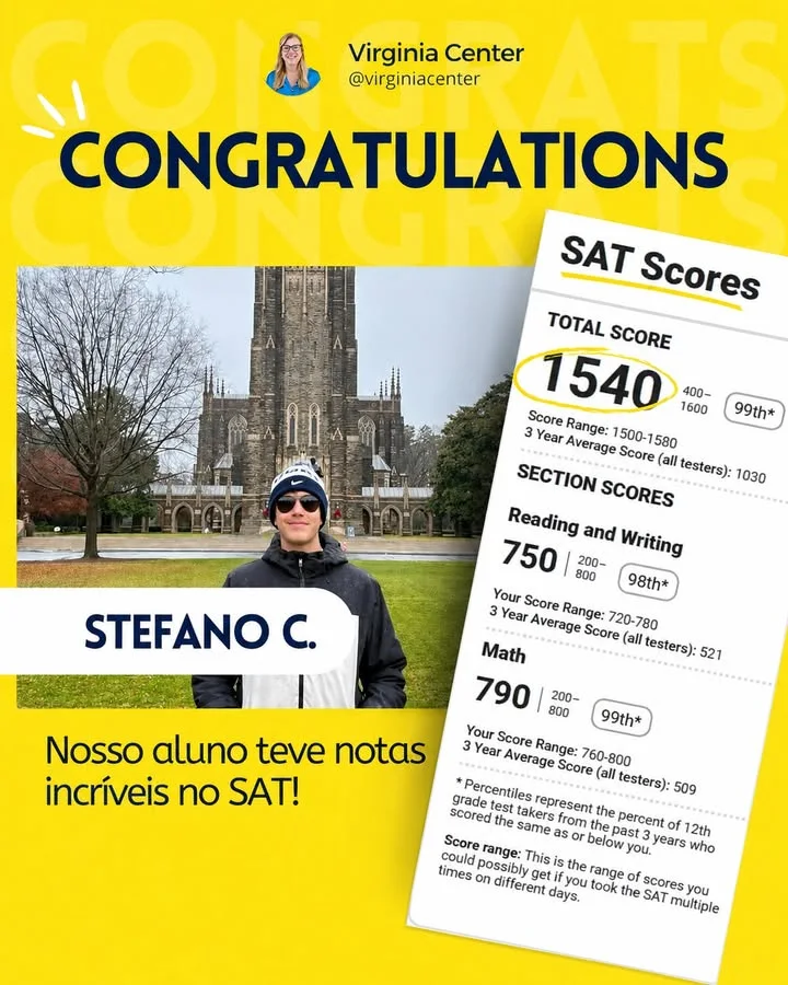 Foto de Stefano C. e resultado de 1540 pontos no SAT em publicação original da Virginia Center
